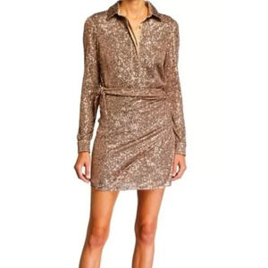 NWT Parker Palmas Sequin Long Sleeve Mini Cocktail Shirtdress Bronze Women's 6